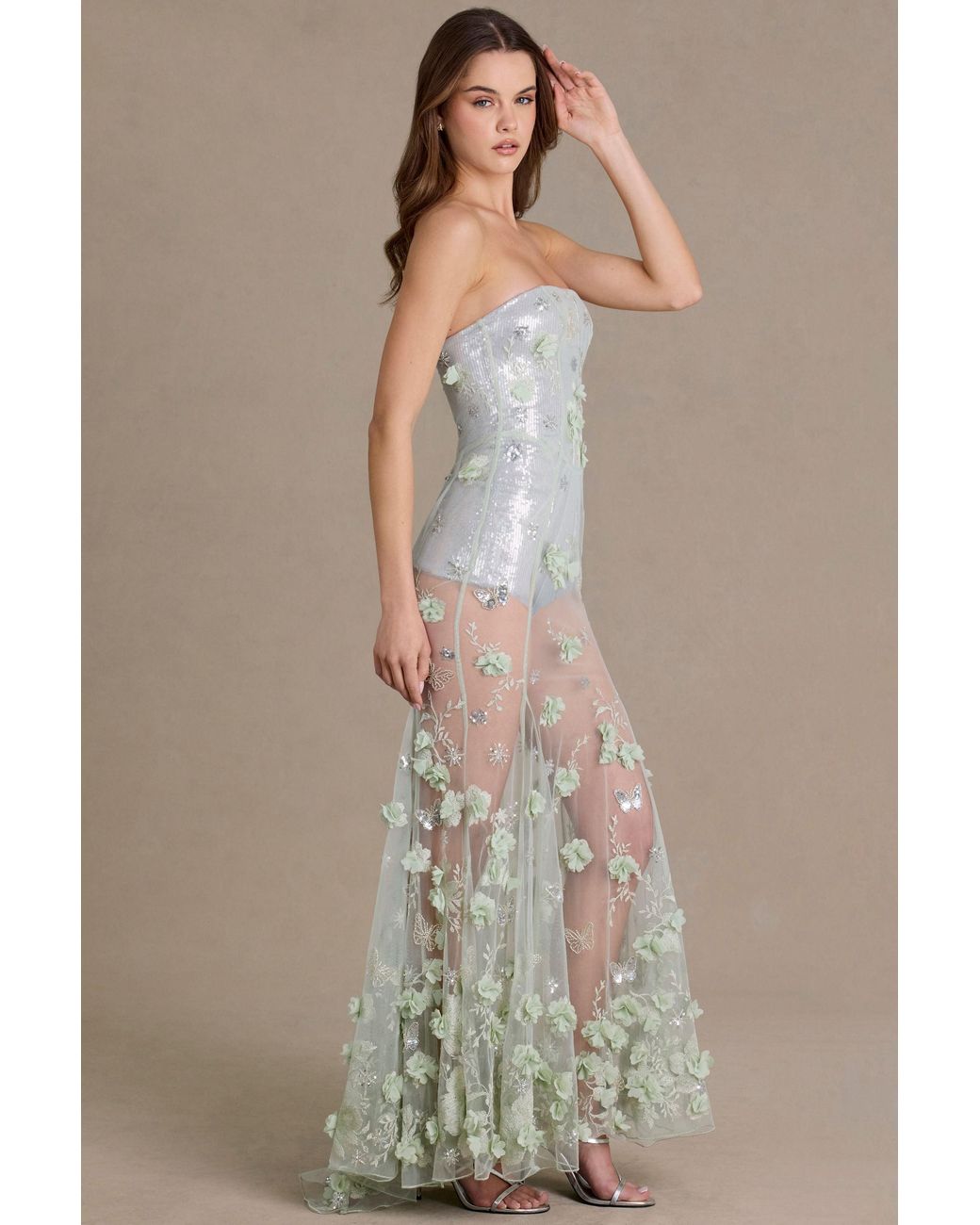 Oh Polly Green Embellished Tulle Corset Gown