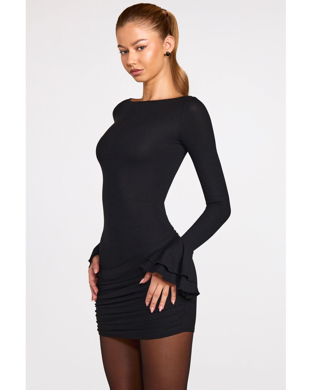 Oh Polly Black Ribbed Modal Long-Sleeve Draped Mini Dress