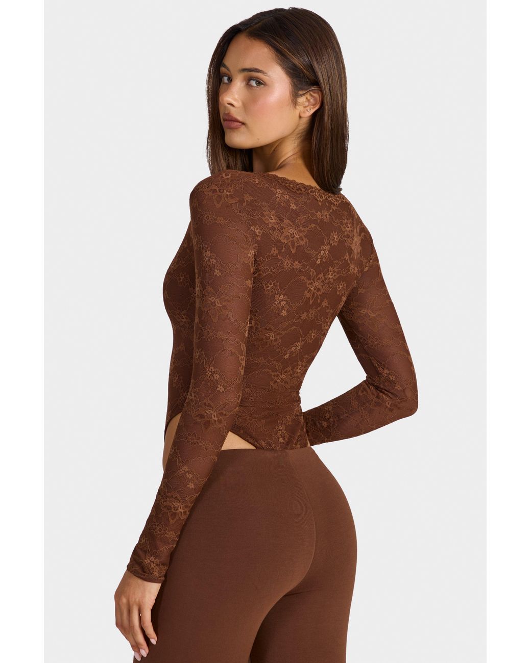 Oh Polly Brown Lace Long-Sleeve Bodysuit