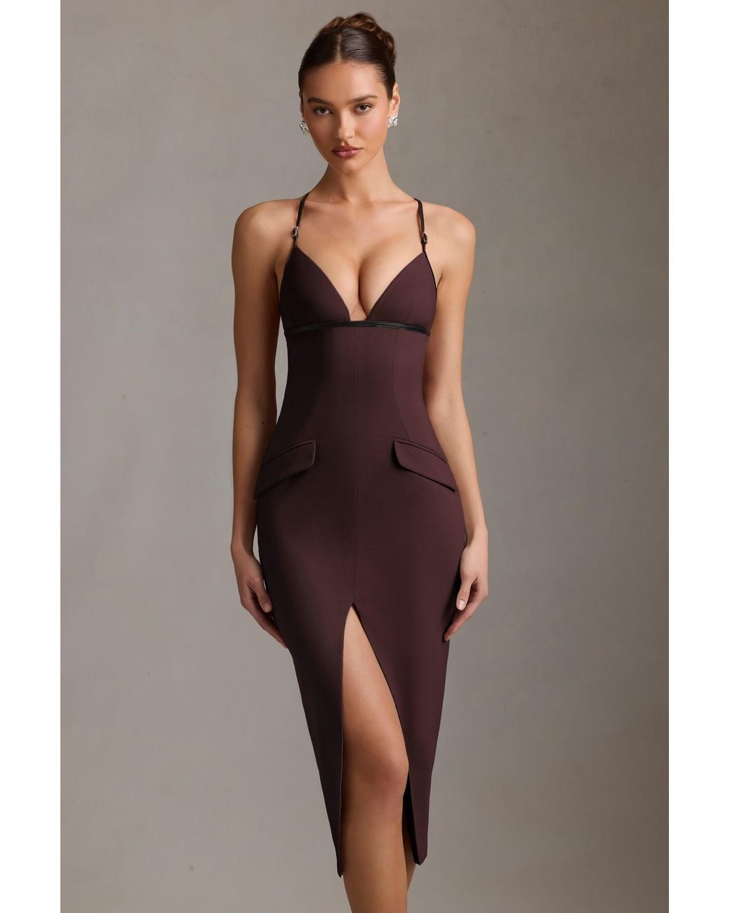Oh Polly Brown Plunge-Neck Backless Midaxi Dress