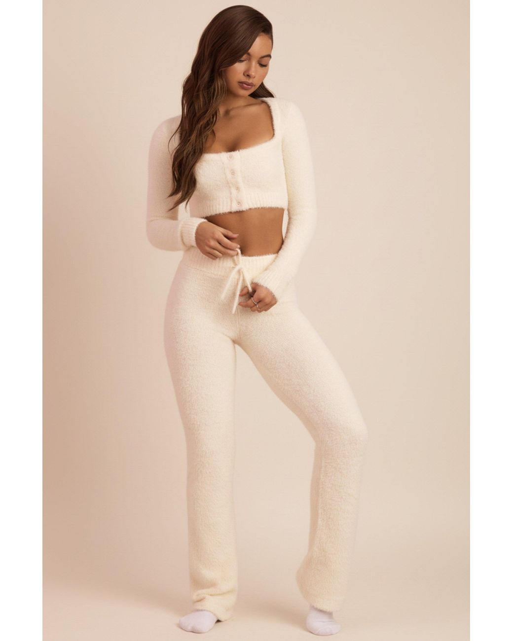 Oh Polly White Fluffy Knit Wide-Leg Trousers