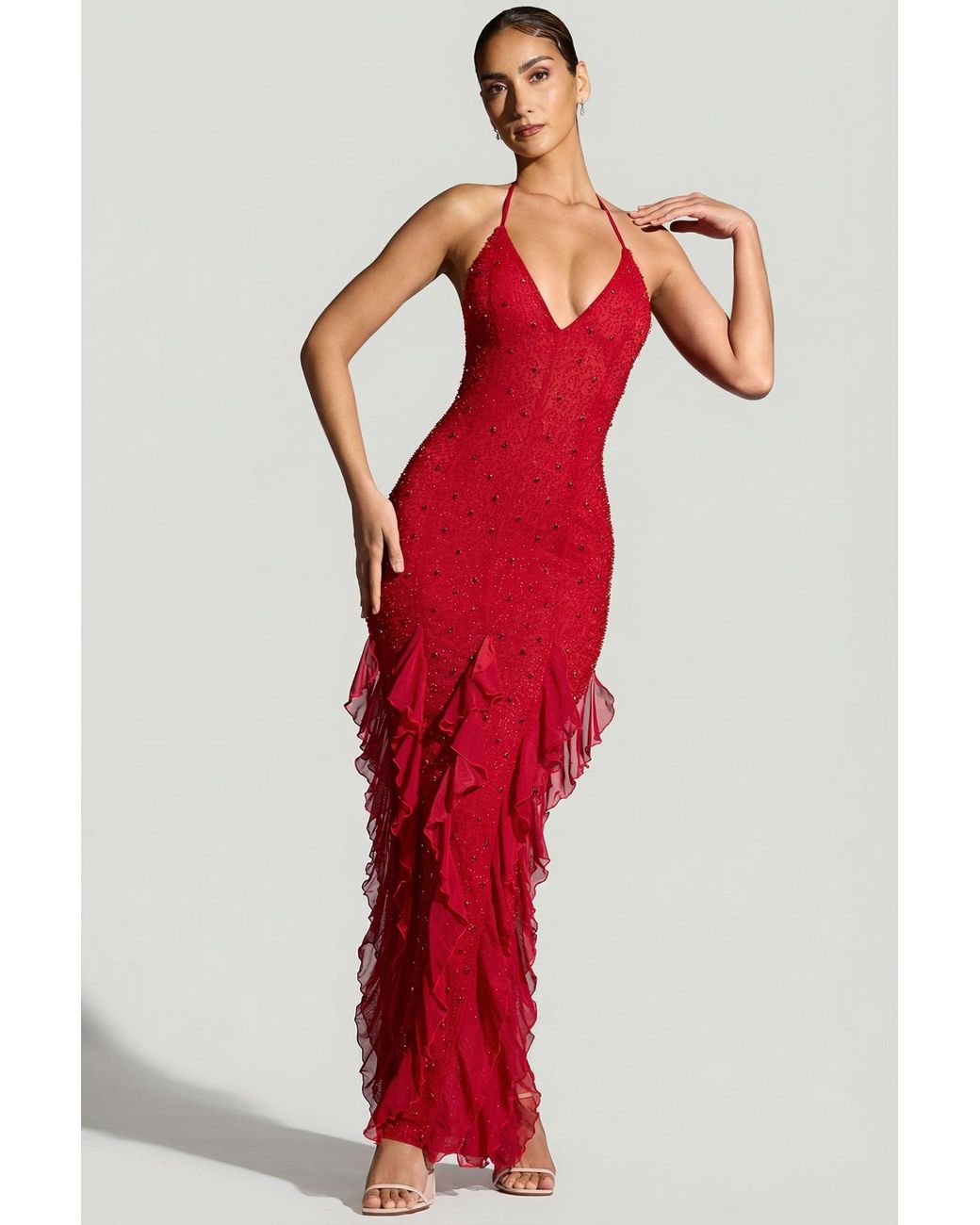 Oh Polly Red Embellished Halter Neck Ruffle Maxi Dress