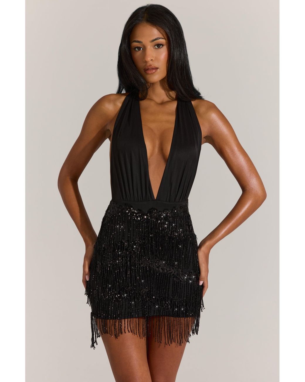 Oh Polly Black Fringed Skirt Halterneck Mini Dress