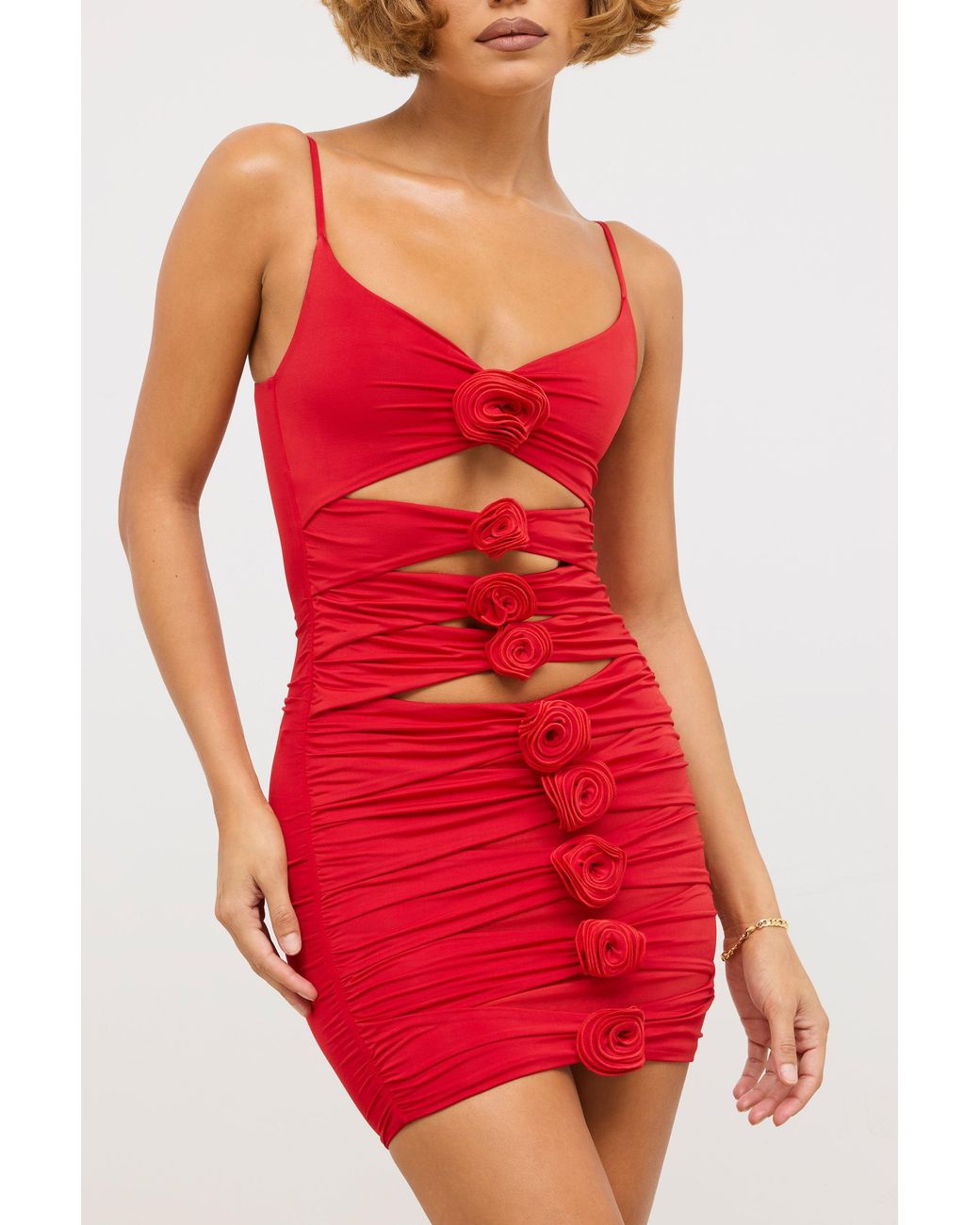 Oh Polly Red Slinky Jersey Rose Detail Cut Out Mini Dress