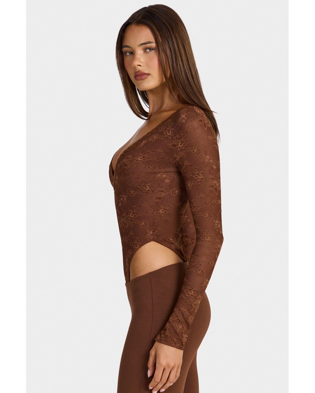 Oh Polly Brown Lace Long-Sleeve Bodysuit