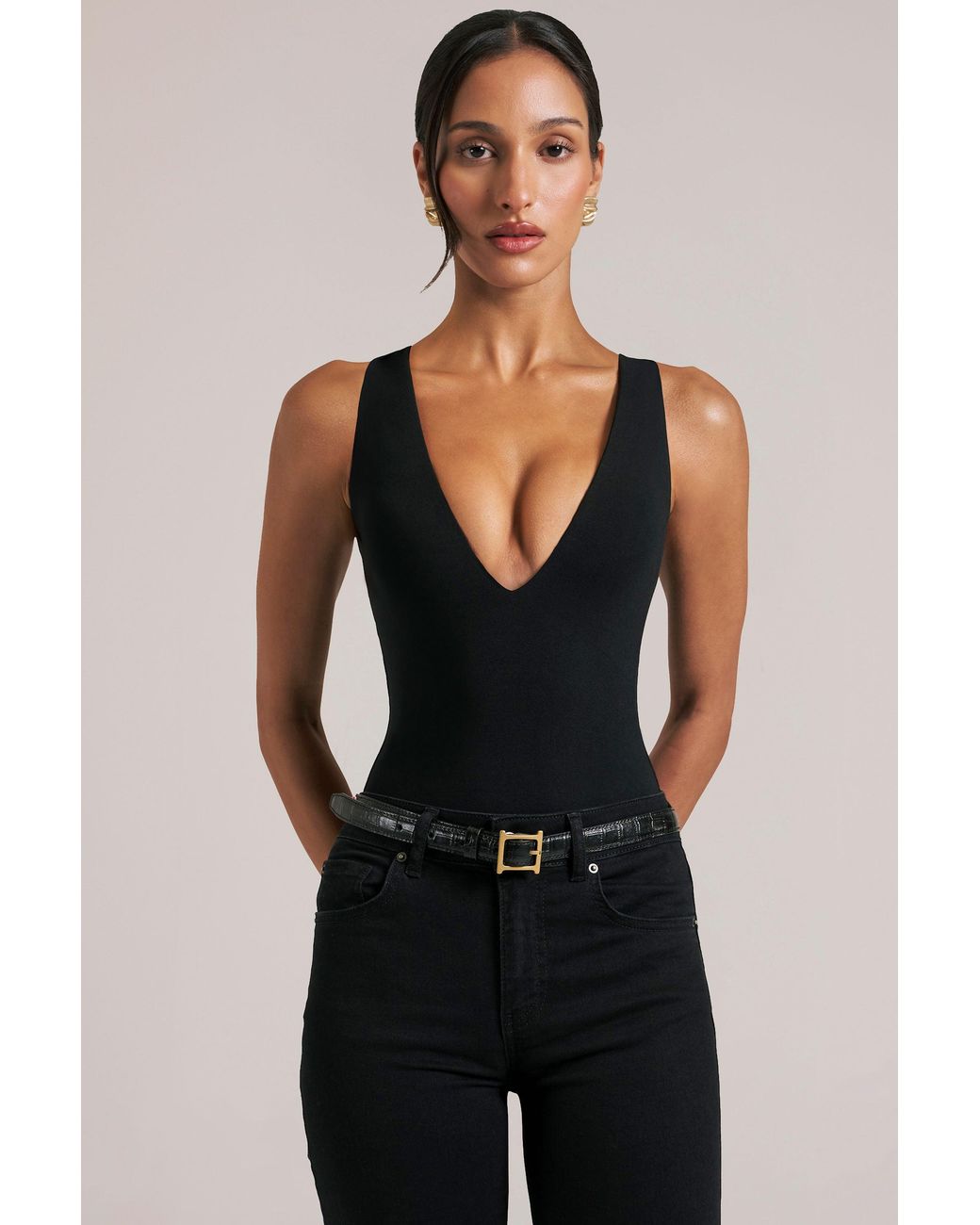 Oh Polly Black Deep Plunge Halterneck Bodysuit