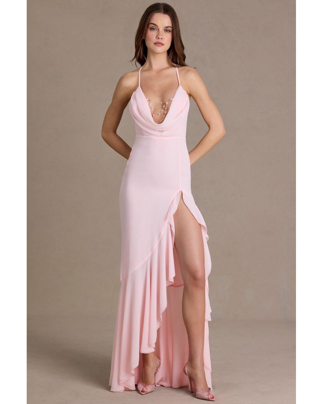 Oh Polly Pink Chiffon Cowl-Neck Open-Back Gown