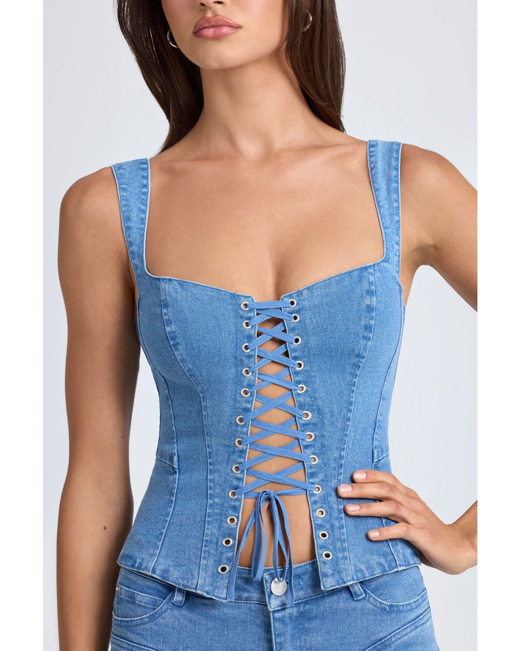 Oh Polly Blue Lace-Up Corset Top