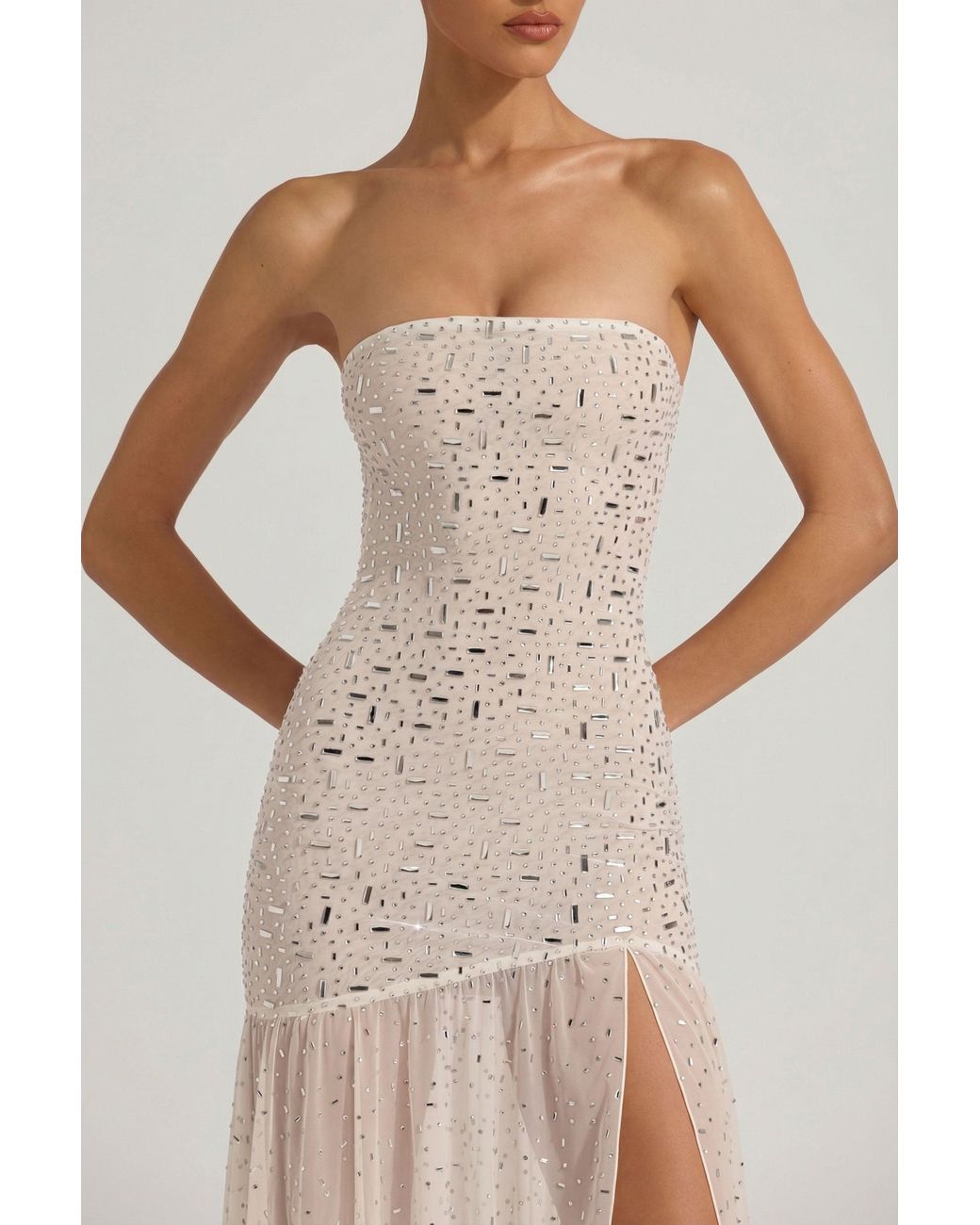 Oh Polly White Semi-Sheer Embellished Asymmetric Maxi Dress