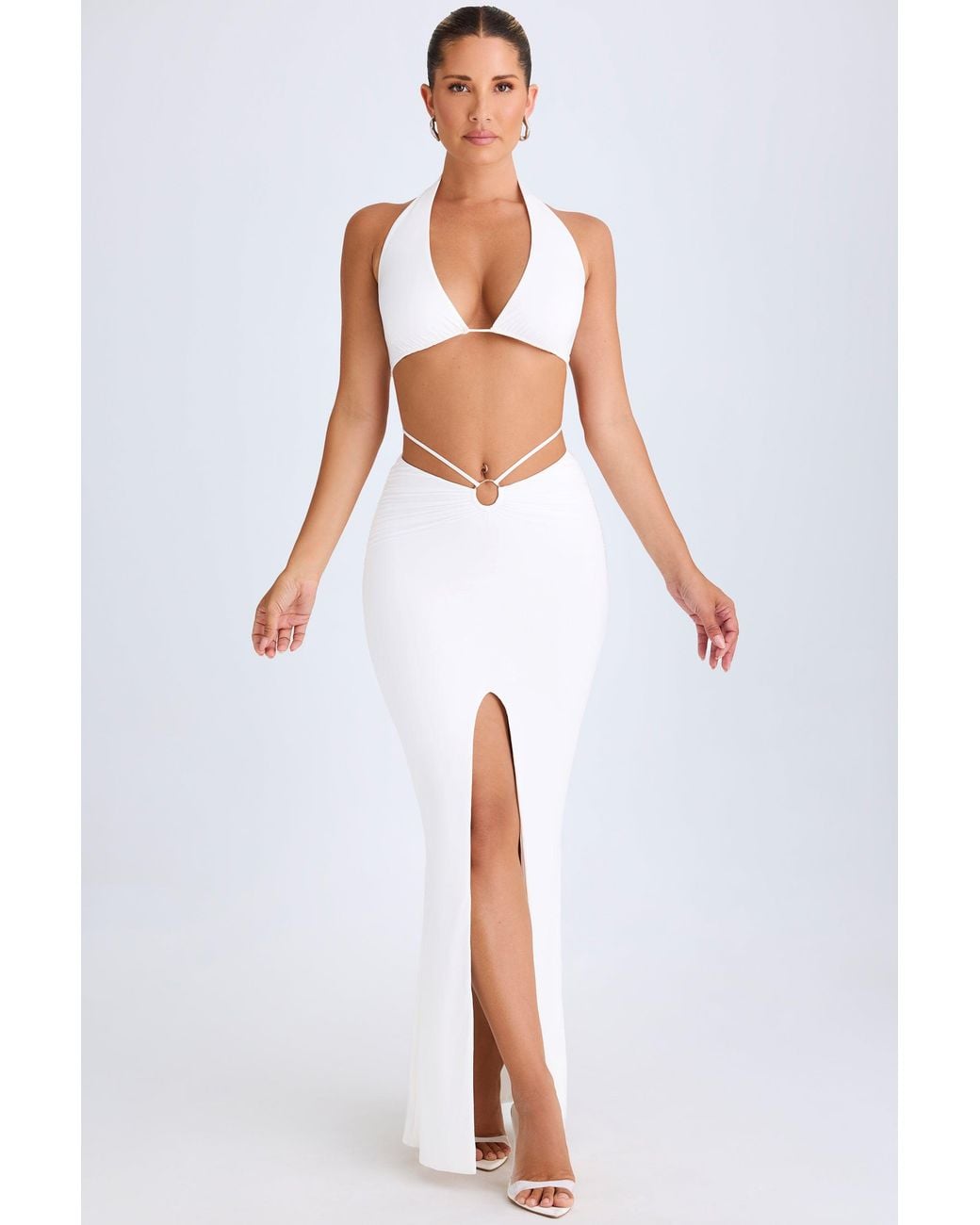 Oh Polly White Hardware-Detail Mid-Rise Maxi Skirt