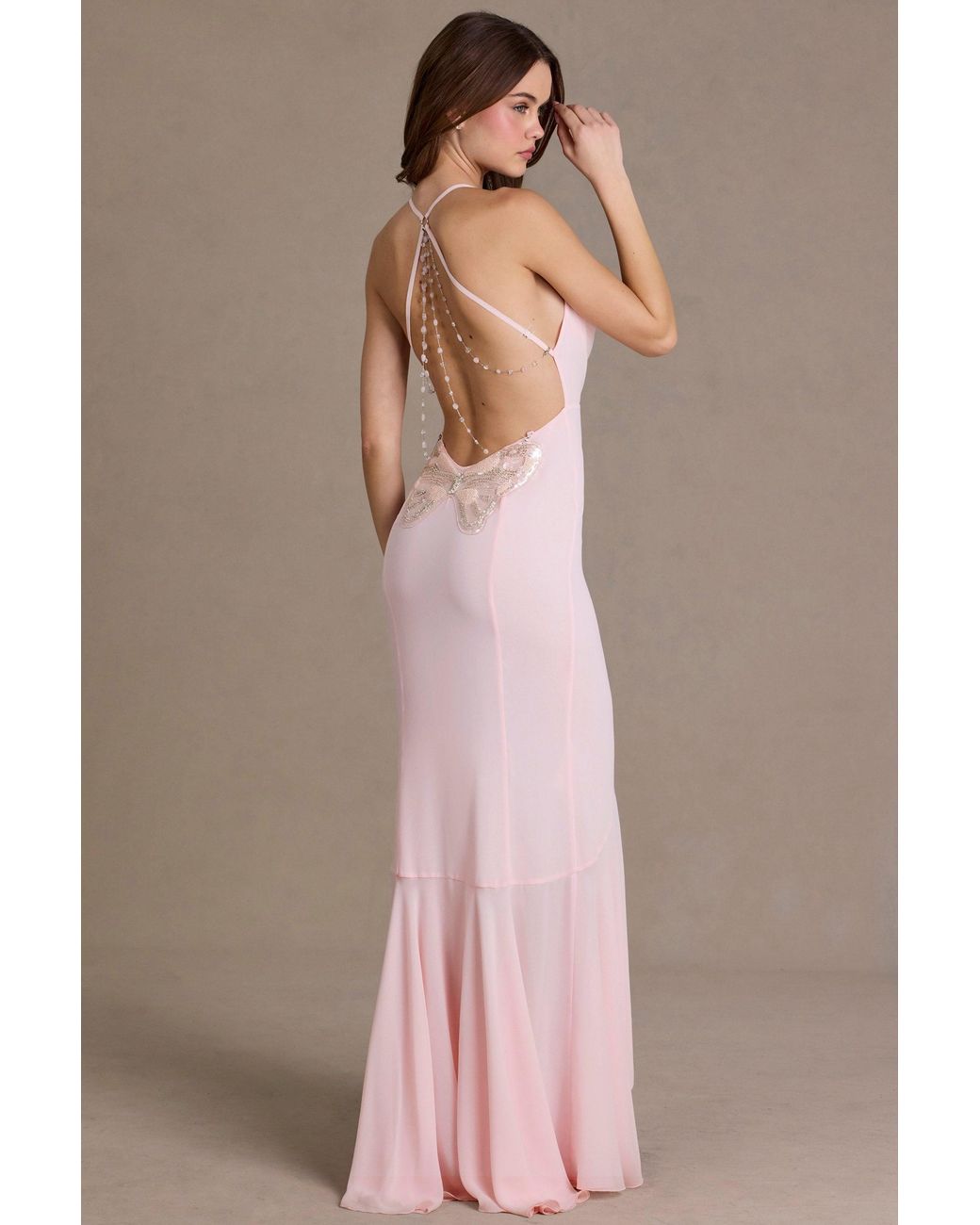 Oh Polly Pink Chiffon Cowl-Neck Open-Back Gown