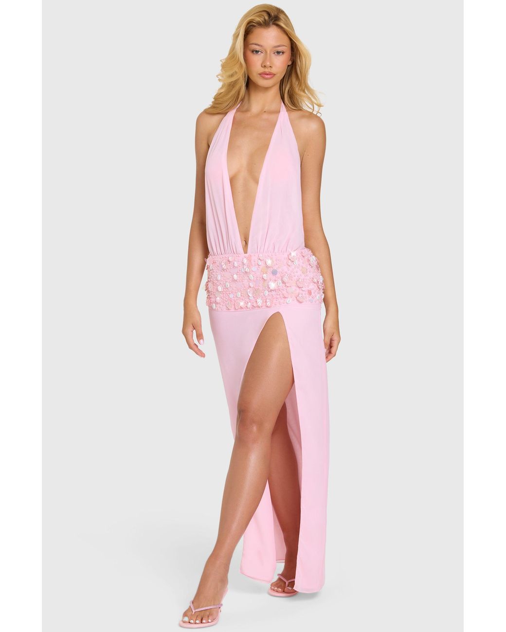 Oh Polly Pink Embellished Waist Maxi Dress