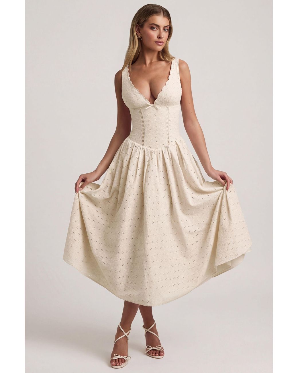 Oh Polly White Broderie Anglaise Bow-Detail A-Line Midaxi Dress