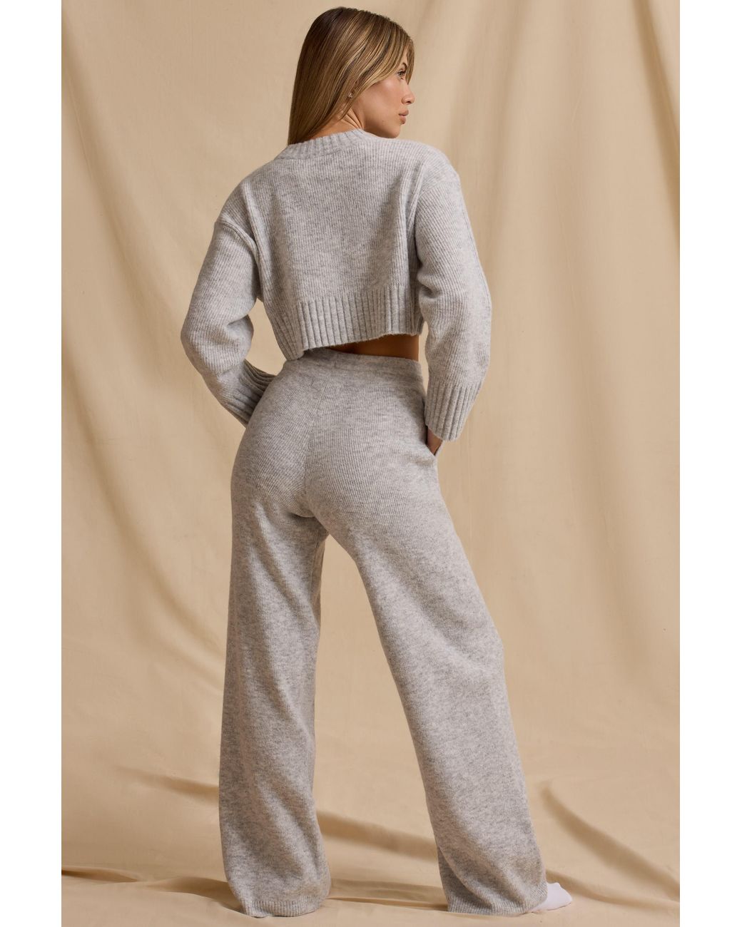 BO+TEE Gray Ribbed Knit Mid-Rise Wide-Leg Joggers