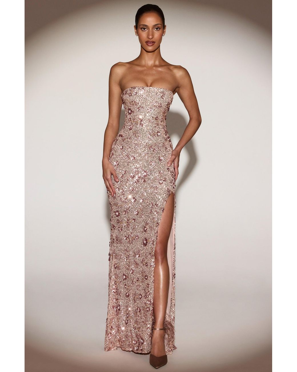 Oh Polly Natural Embellished Bandeau-Neck Strapless Gown