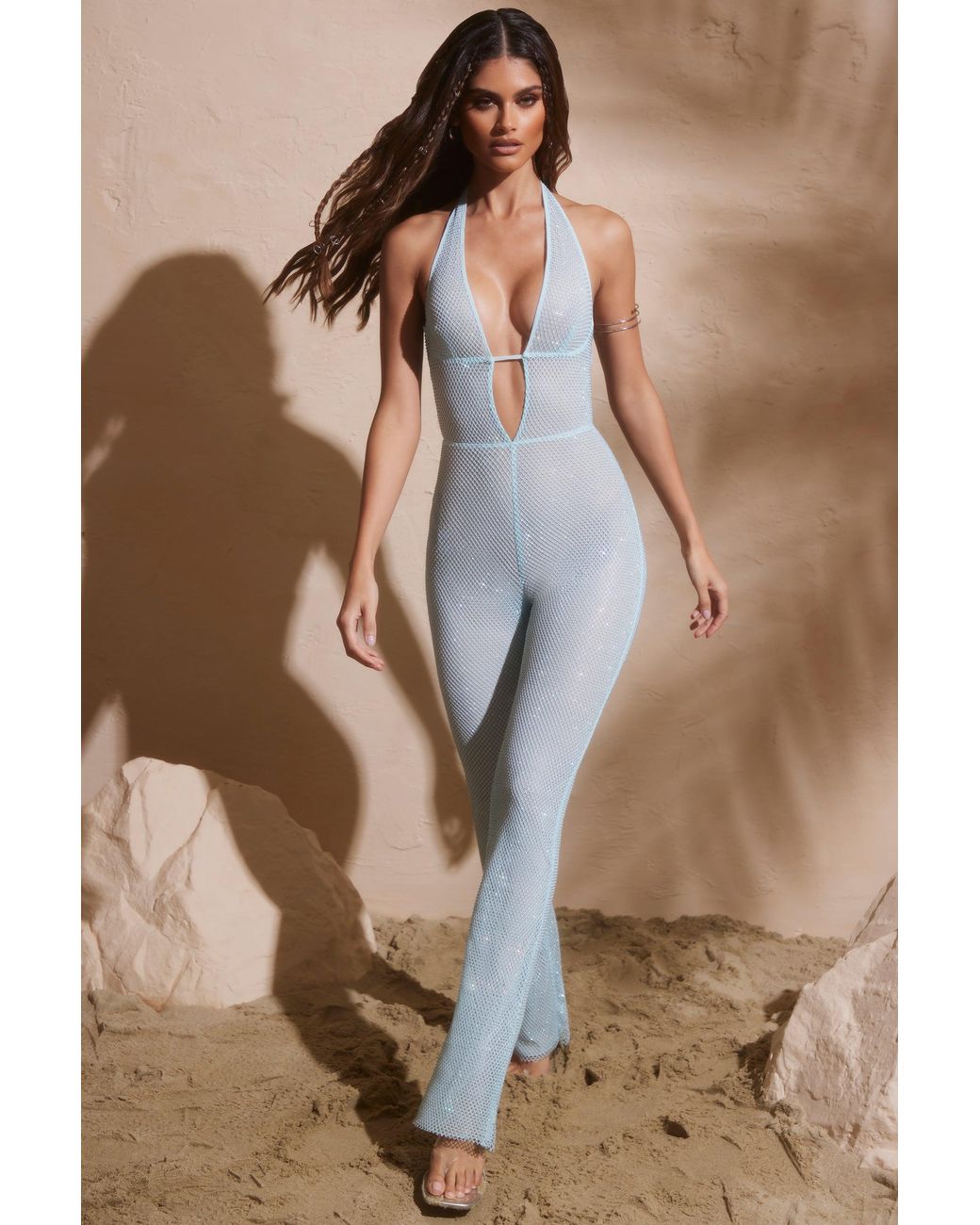 Oh Polly Blue Embellished Plunge Neck Jumpsuit