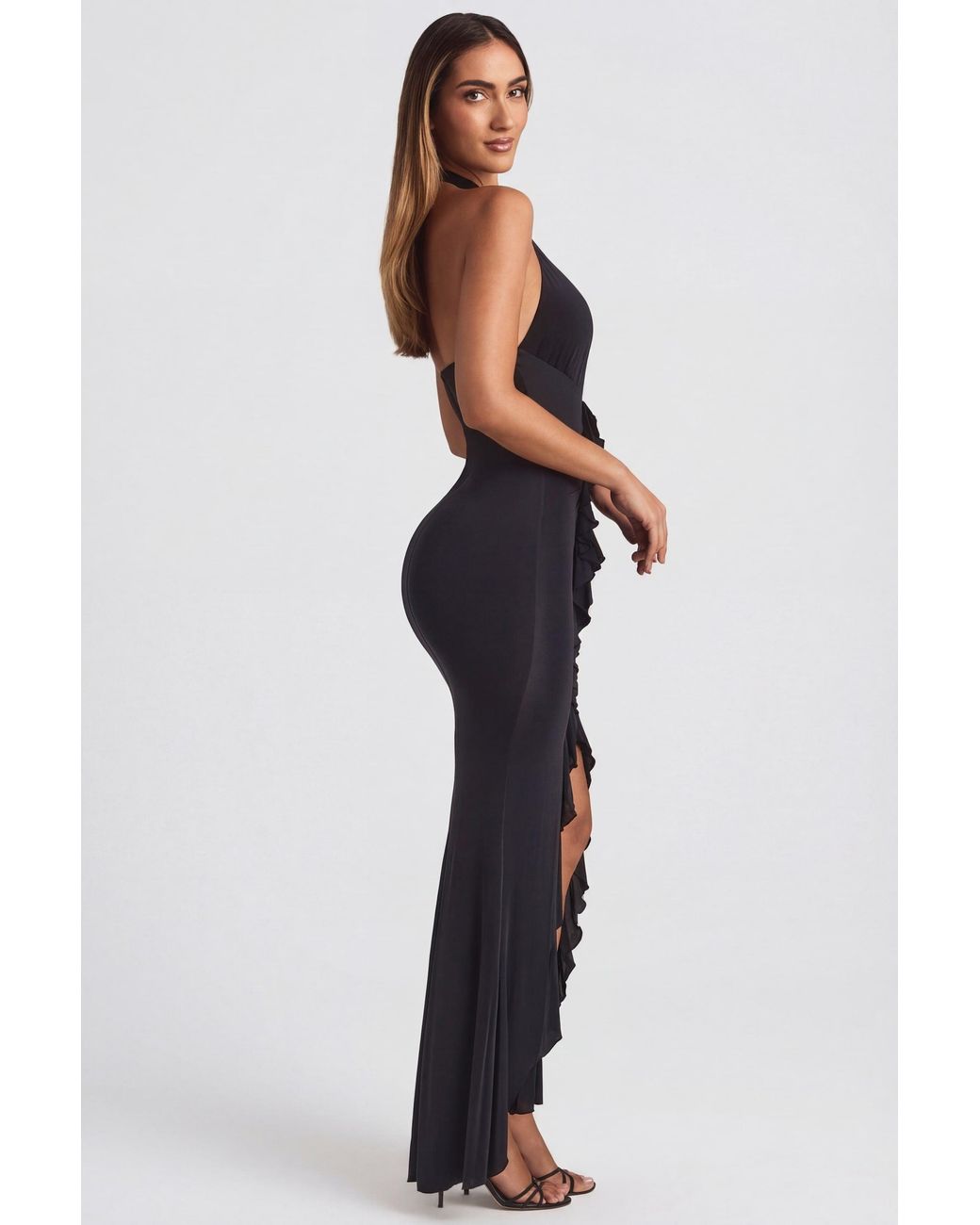 Oh Polly Black Ruffle-Trim Halterneck Gown