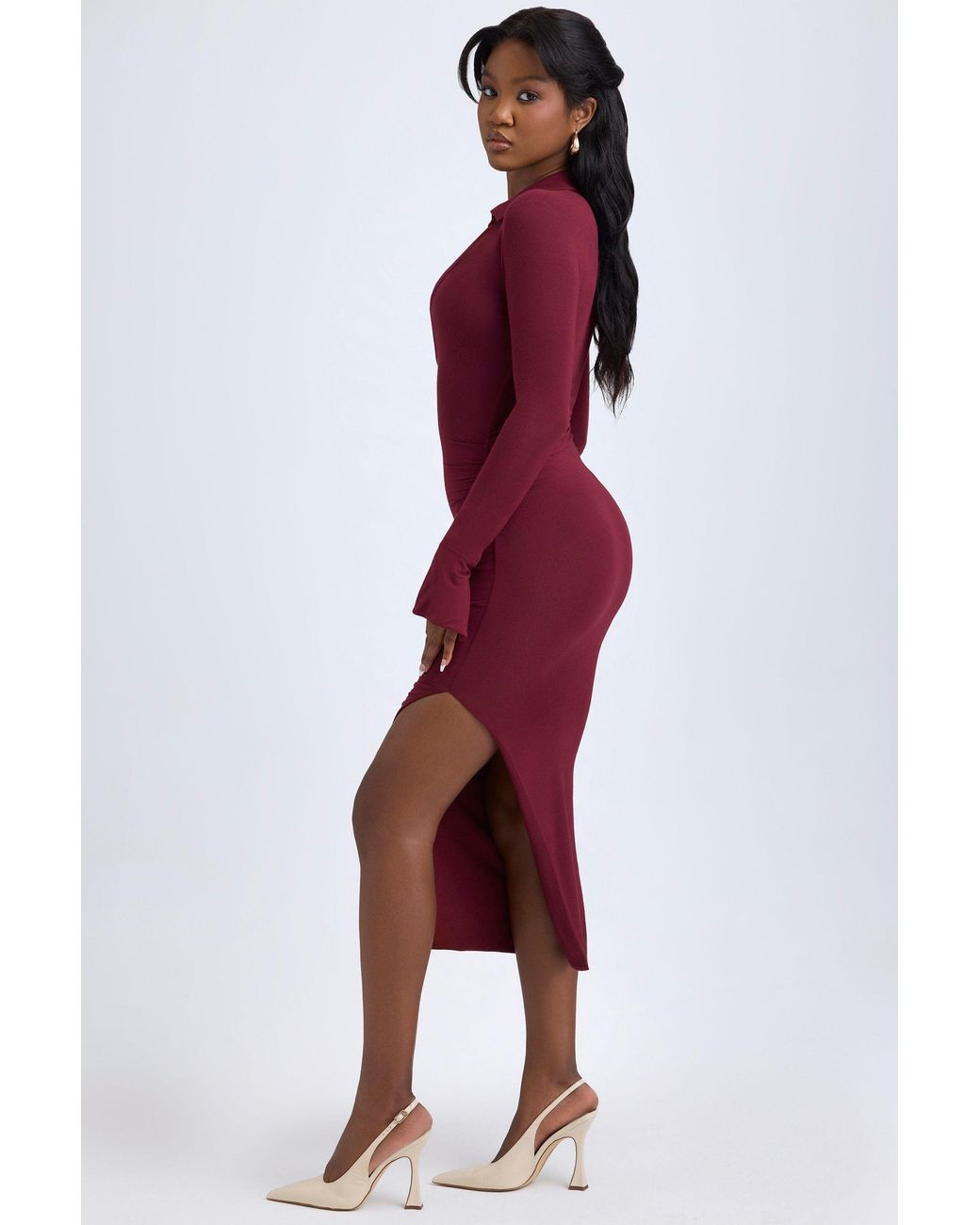Oh Polly Red Modal Plunge V-Neck Midaxi Dress