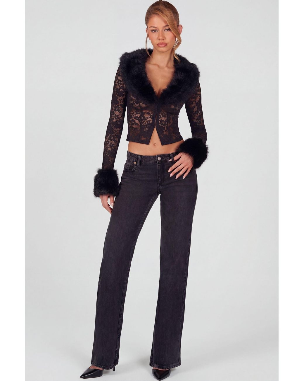 Oh Polly Black Sheer Lace Faux-Fur-Trim Cardigan