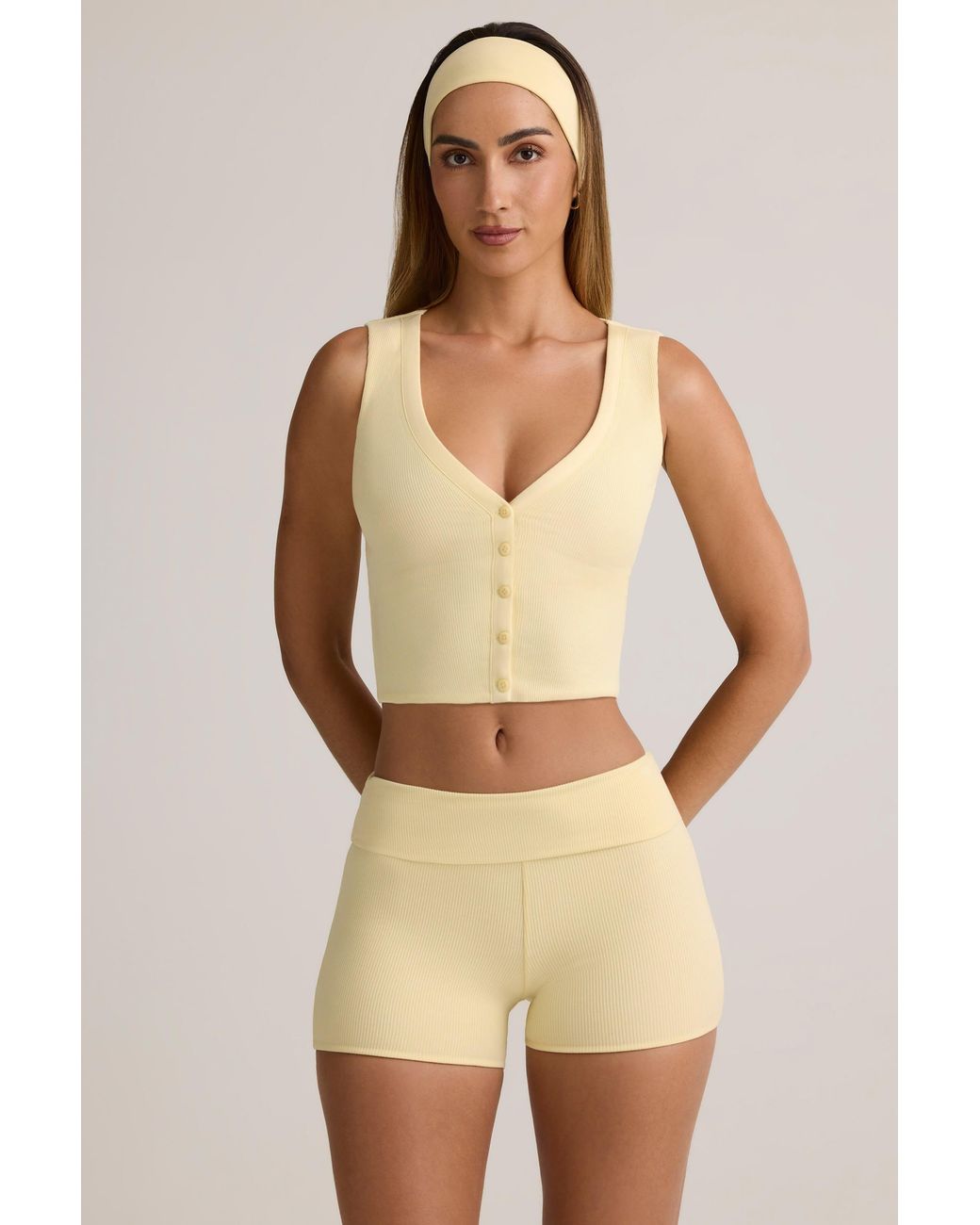 Oh Polly Yellow Modal Ribbed Mid-Rise Foldover Shorts