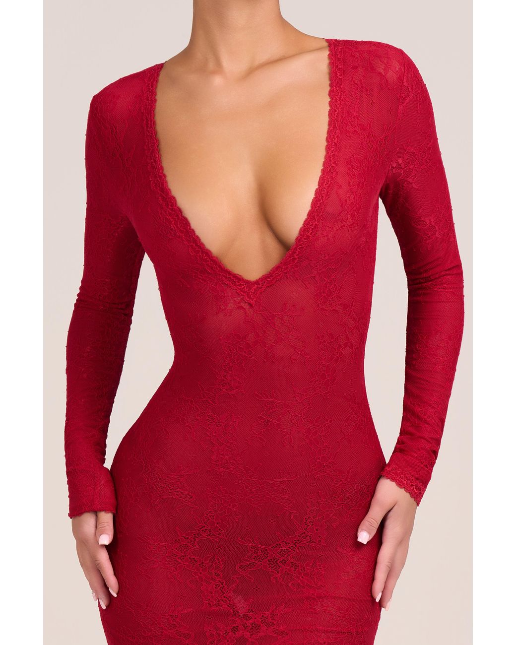 Oh Polly Red Lace Long-Sleeve Maxi Dress