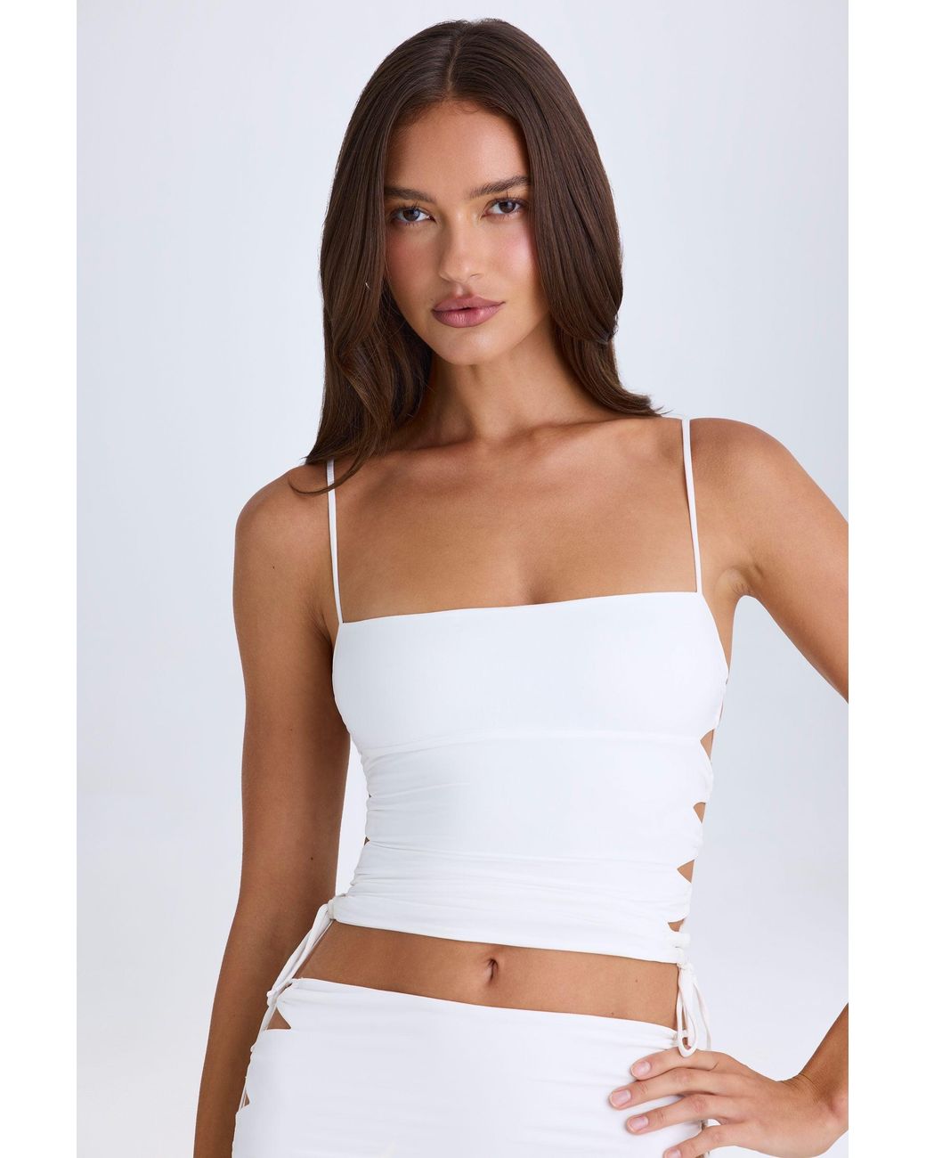 Oh Polly White Ruched Cut-Out Top