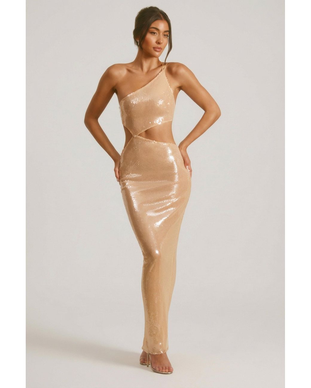 Oh Polly Natural Sheer Sequin One Shoulder Cut Out Maxi Dress