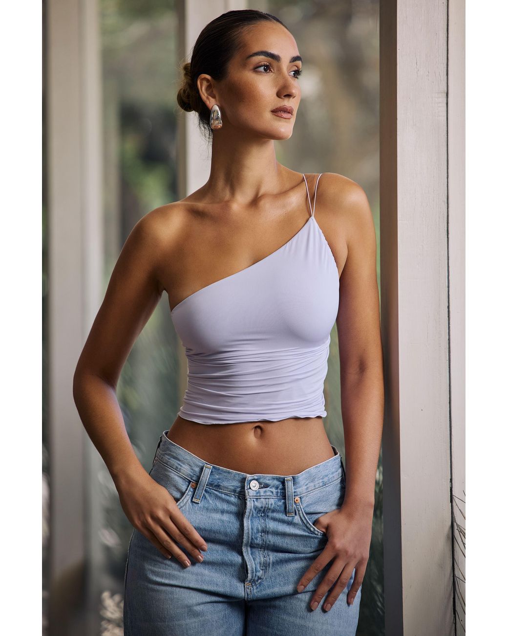 Oh Polly Purple One-Shoulder Lace-Up Top
