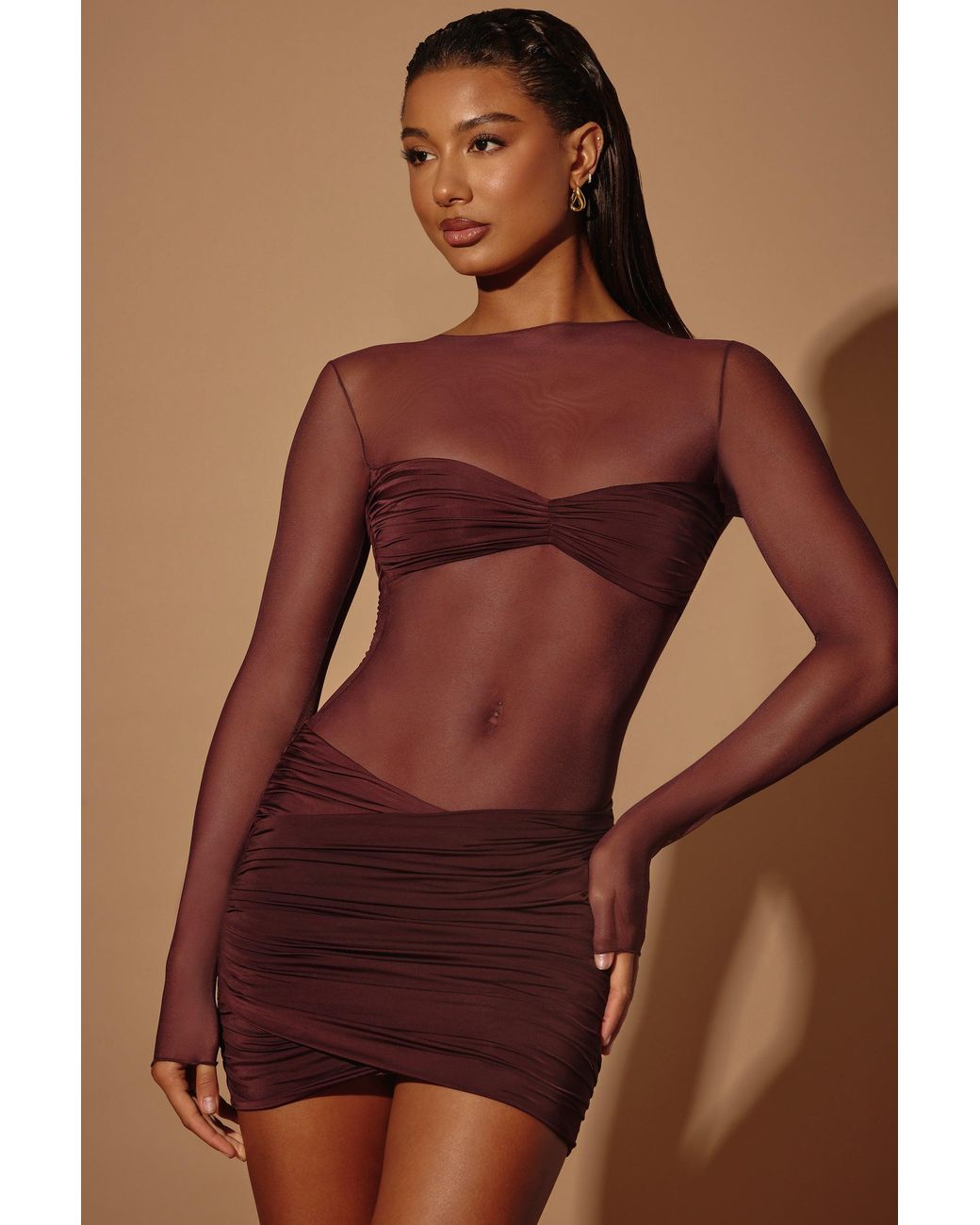 Oh Polly Brown Sheer Panelled Long Sleeve Mini Dress