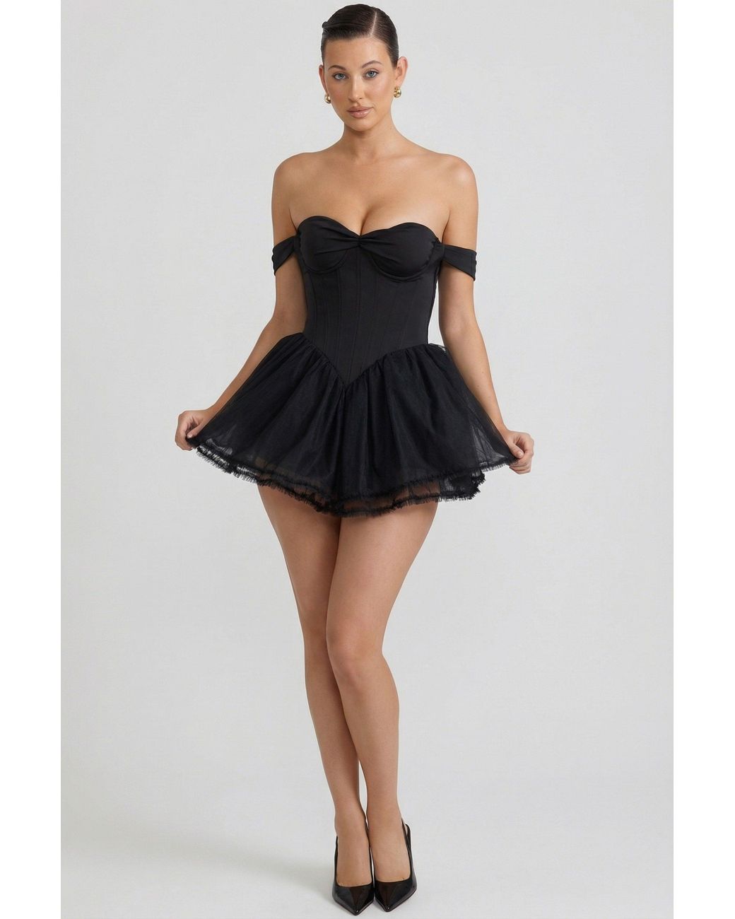 Oh Polly Black Off-Shoulder Layered Corset Micro Mini Dress
