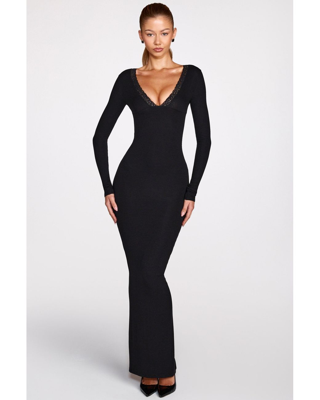 Oh Polly Black Ribbed Modal Long-Sleeve Plunge Maxi Dress