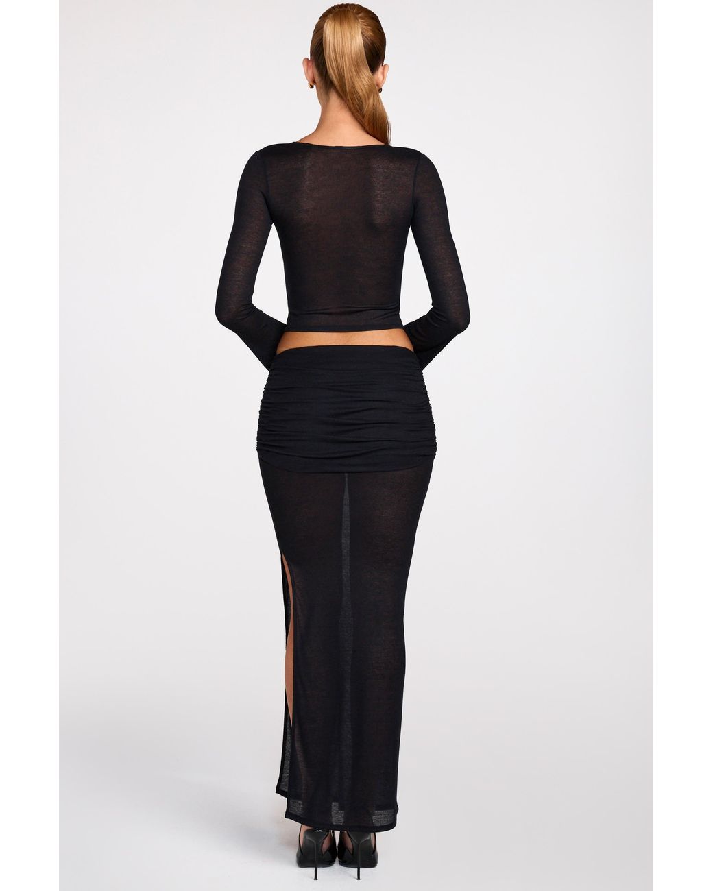 Oh Polly Black Sheer Jersey Low-Rise Draped Maxi Skirt