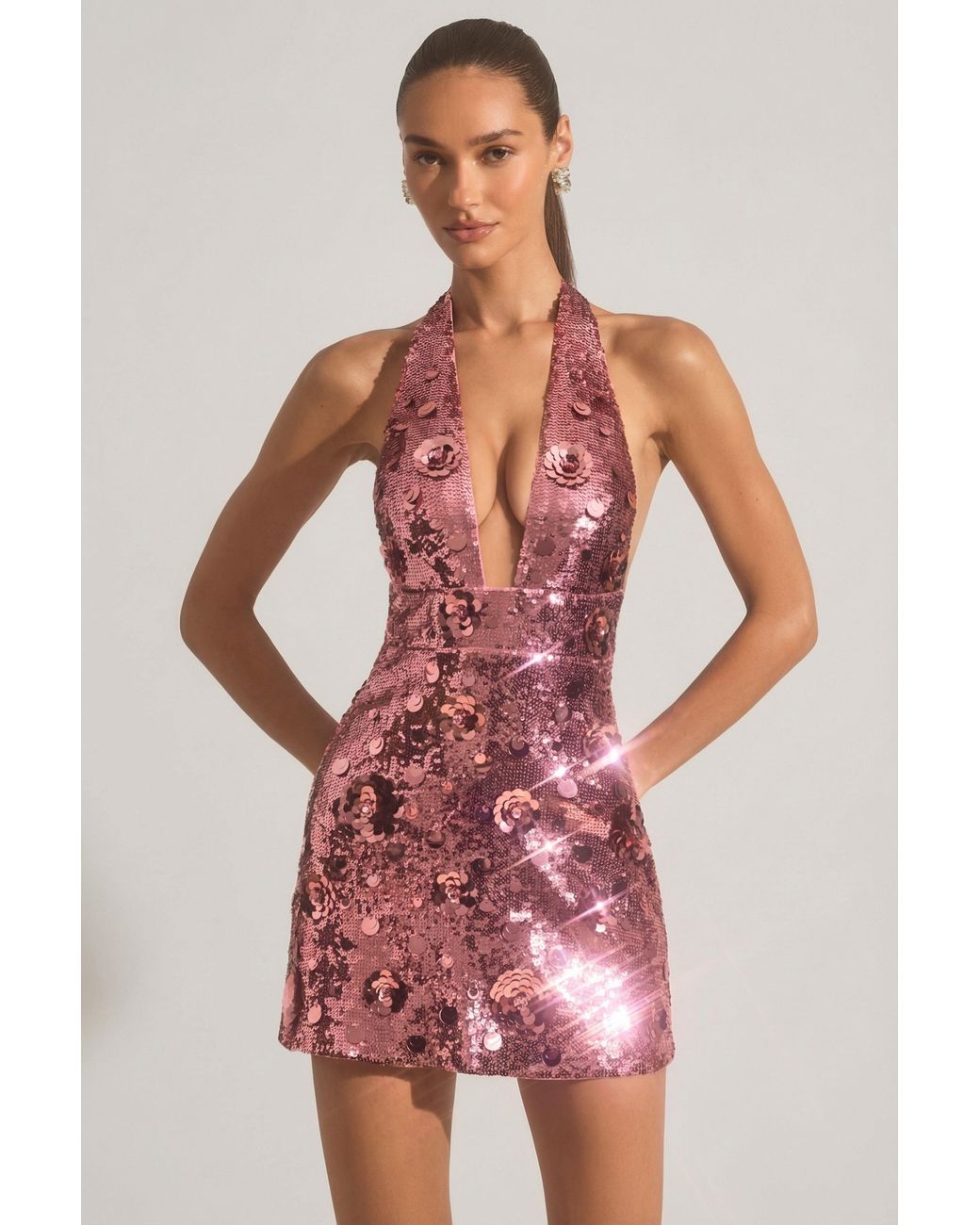 Oh Polly Pink Sequin-Embellished Halterneck Mini Dress