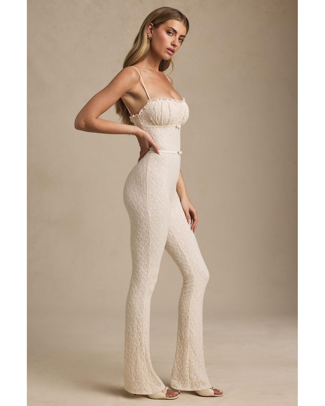 Oh Polly White Bow-Detail Lace Flared Jumpsuit