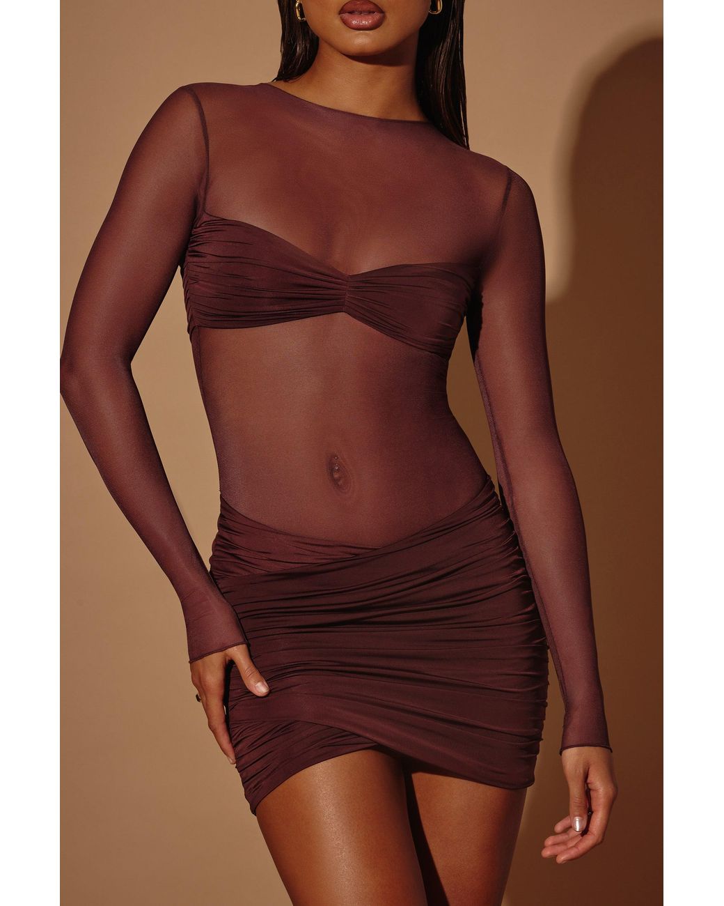 Oh Polly Brown Sheer Panelled Long Sleeve Mini Dress