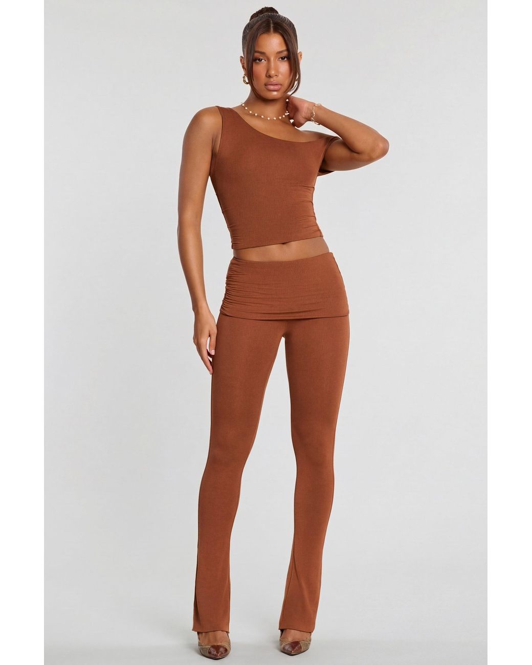 Oh Polly Brown Mid Rise Modal Cashmere Blend Trousers