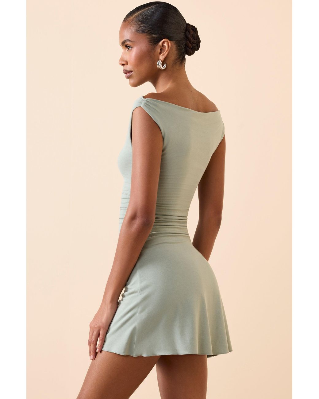 Oh Polly Green Modal Off-Shoulder Ruched A-Line Mini Dress