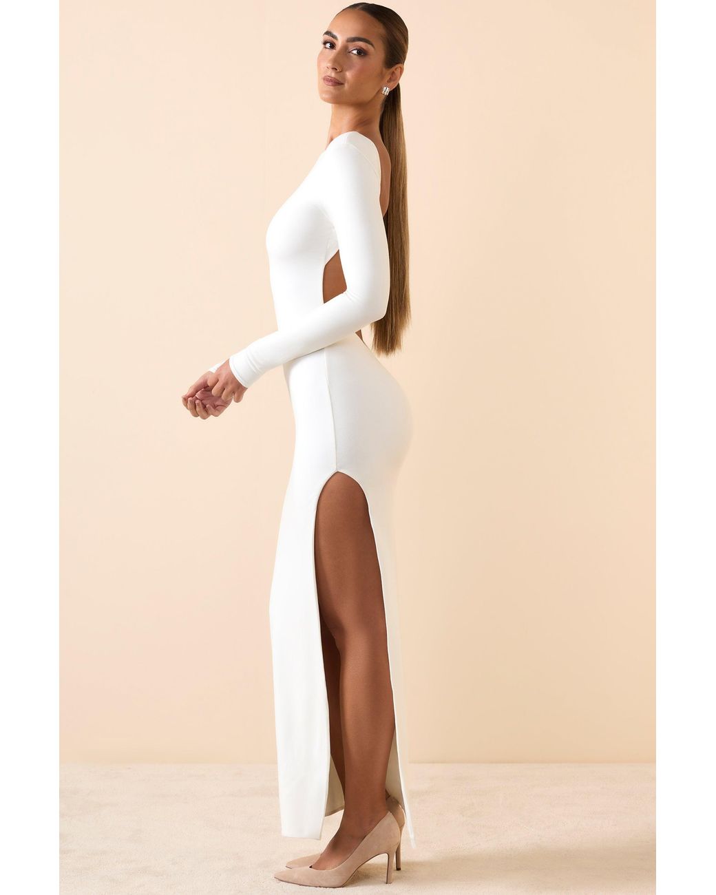 Oh Polly White Long Sleeve Backless Maxi Dress