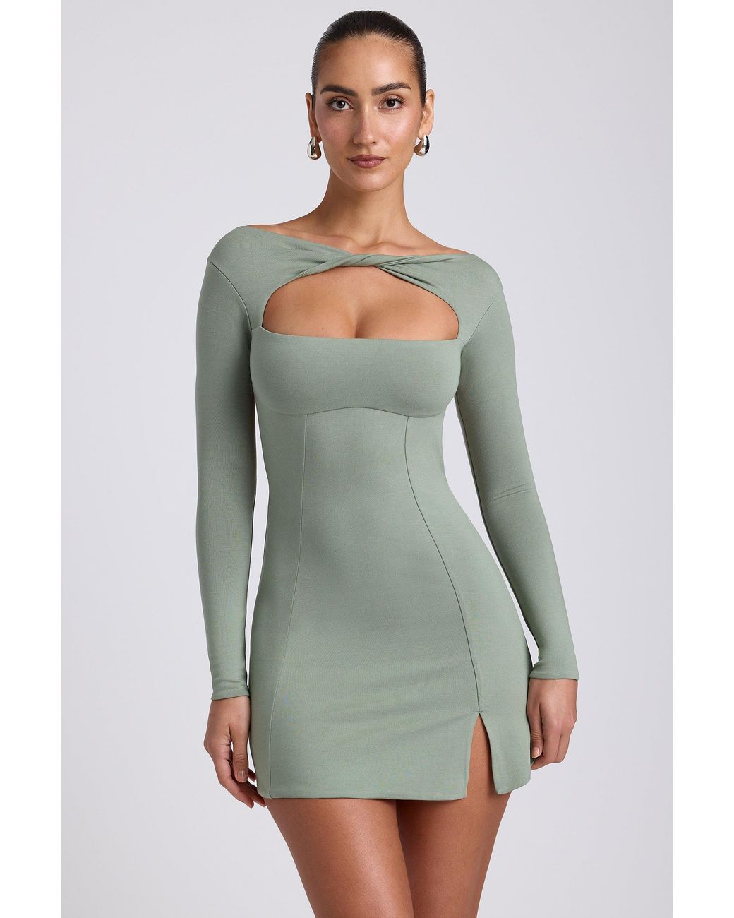 Oh Polly Green Modal Twist-Front Long-Sleeve Mini Dress