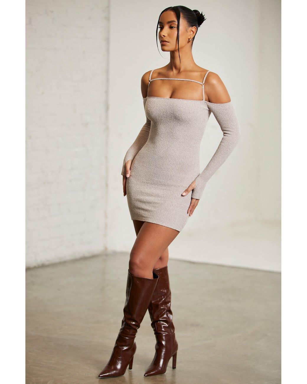 Oh Polly Natural Cold Shoulder Long Sleeve Mini Dress