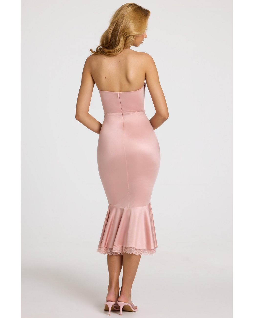 Oh Polly Pink Satin Lace-Trim Bandeau Fluted Midaxi Dress