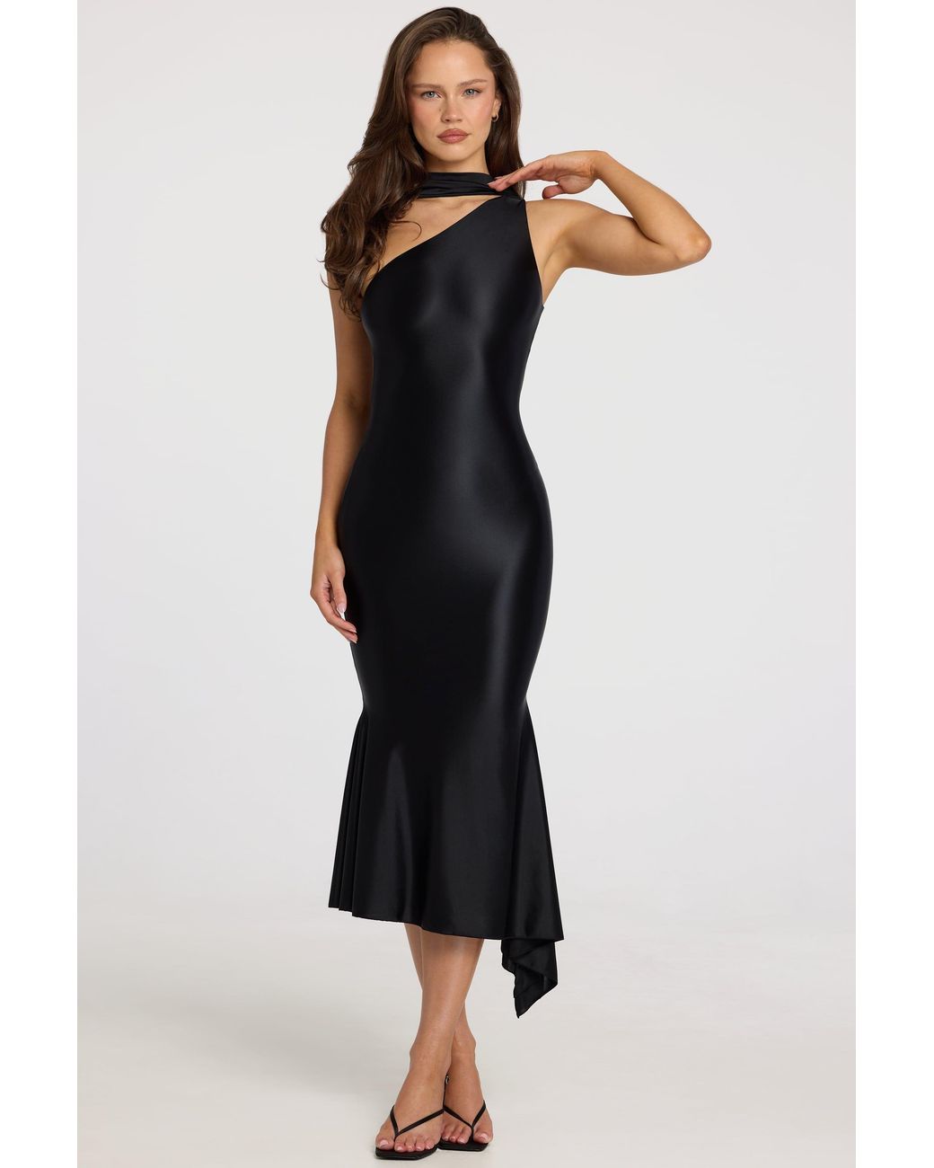 Oh Polly Black Asymmetric Scarf-Detail Midaxi Dress