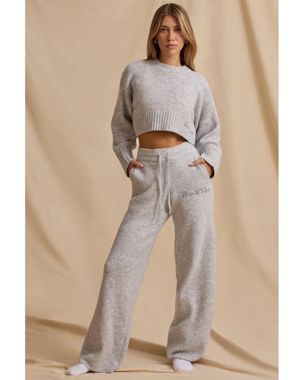 BO+TEE Gray Ribbed Knit Mid-Rise Wide-Leg Joggers