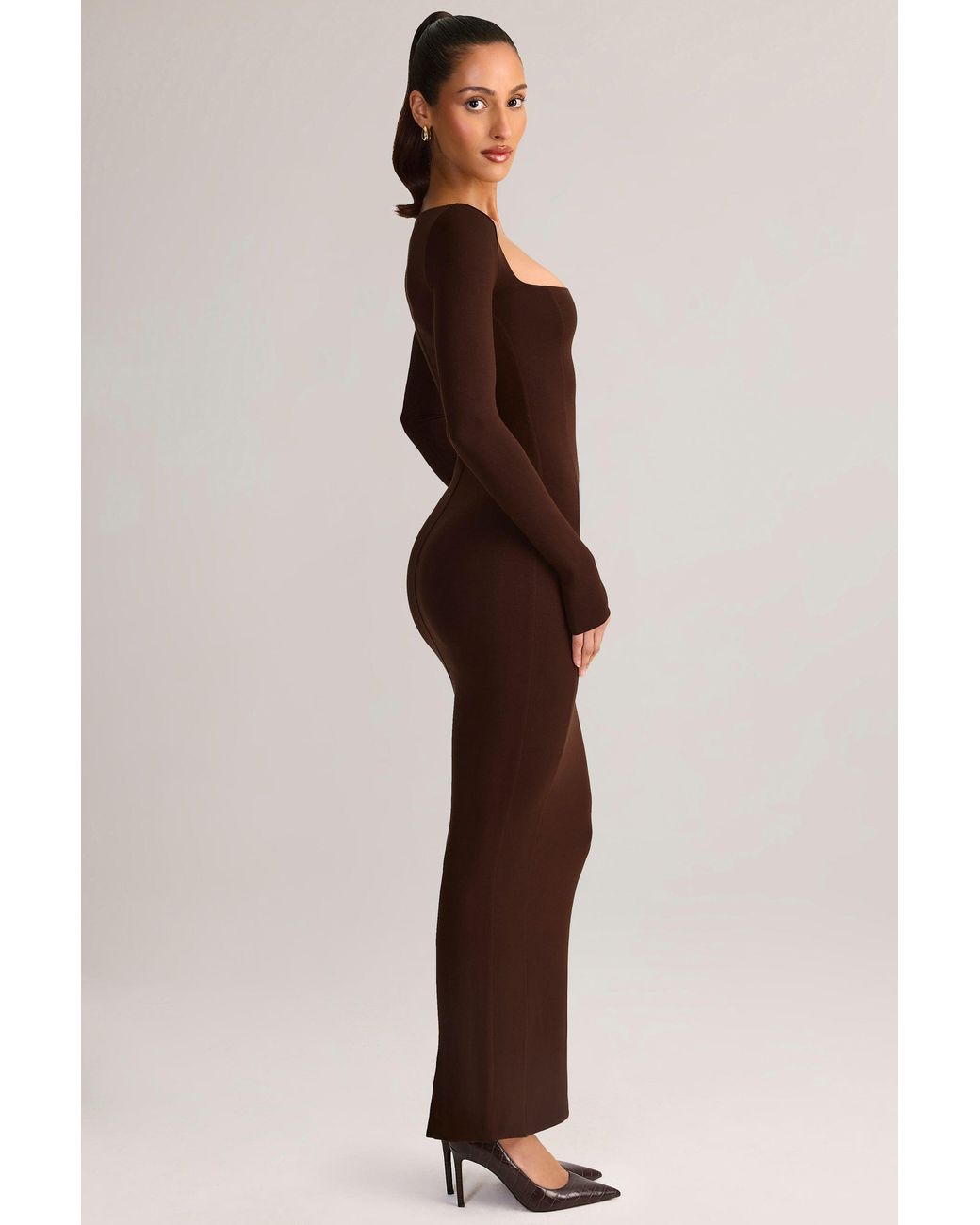 Oh Polly Brown Modal Square-Neck Bodycon Maxi Dress