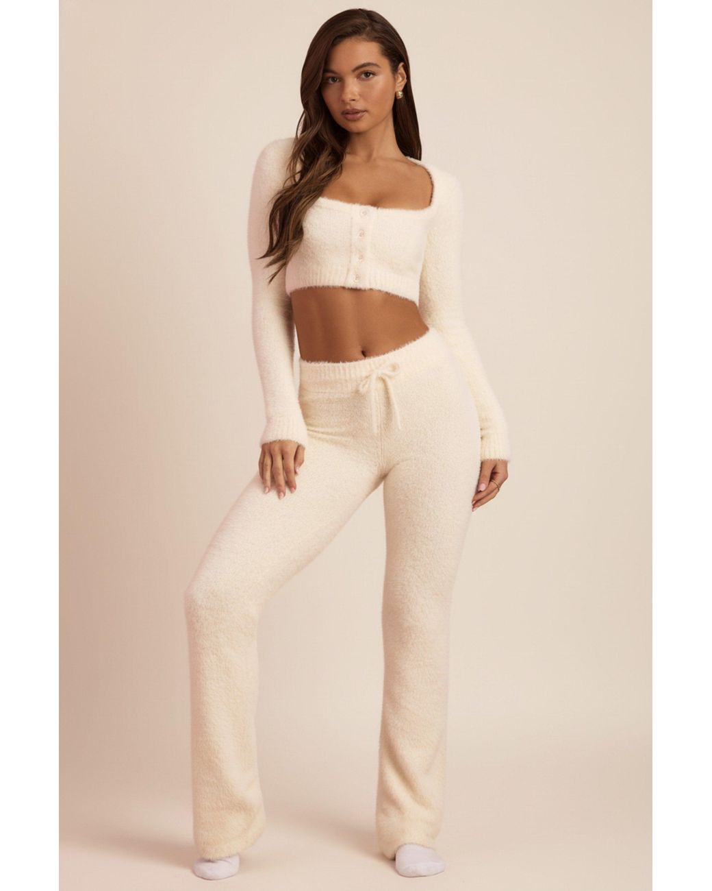 Oh Polly White Fluffy Knit Wide-Leg Trousers