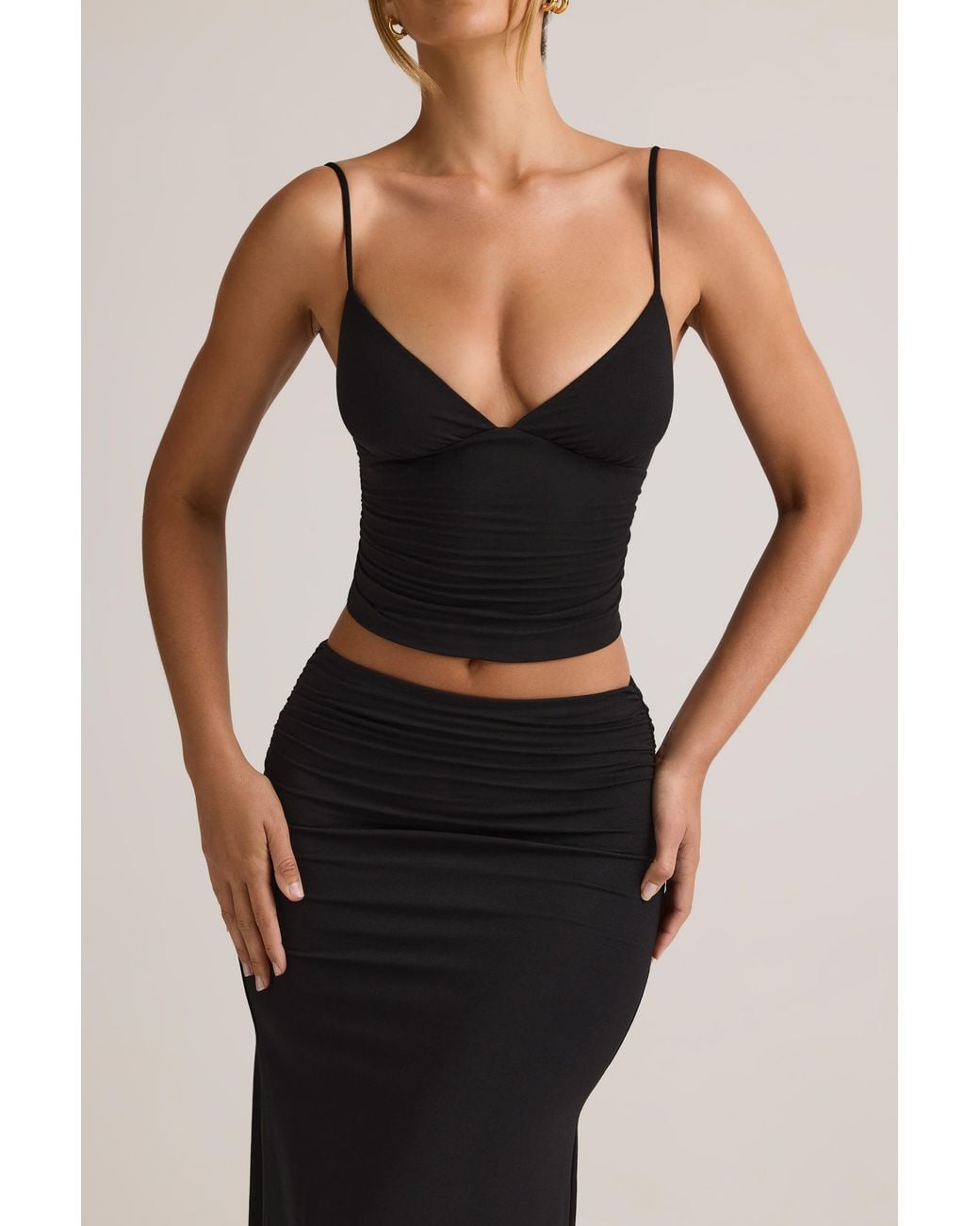 Oh Polly Black Modal V-Neck Ruched Camisole Top