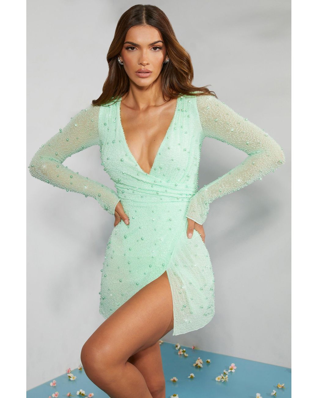 Oh Polly Green Embellished Wrap Over A-Line Mini Dress