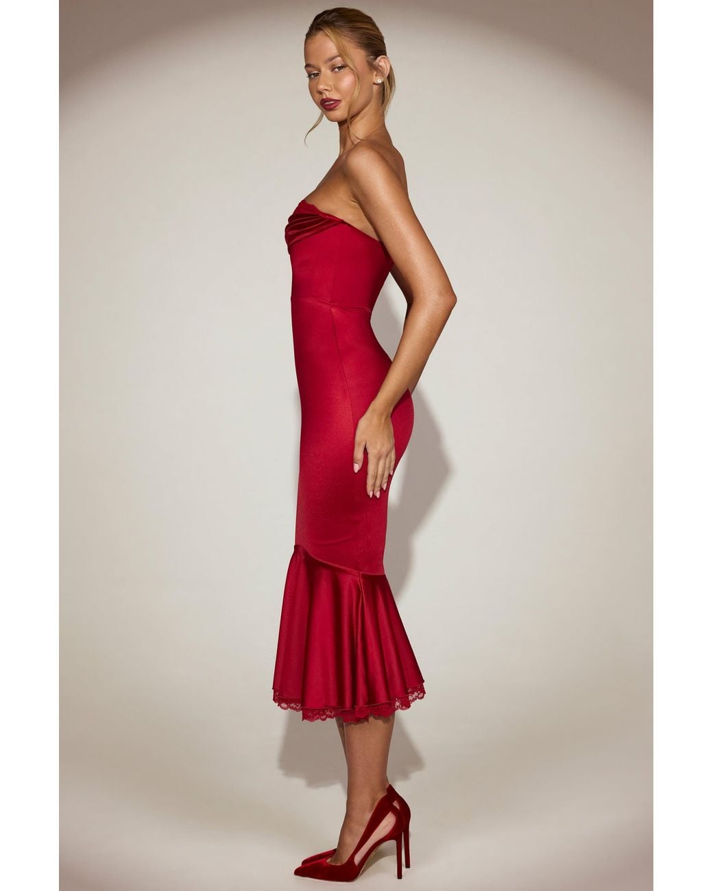 Oh Polly Red Satin Lace-Trim Bandeau Fluted Midaxi Dress