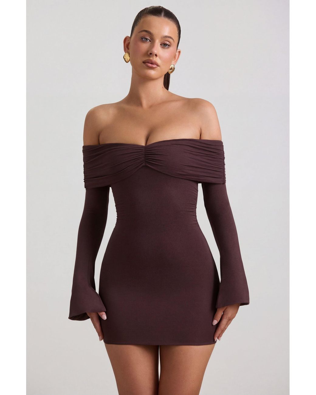 Oh Polly Brown Modal-Cashmere Blend Off-Shoulder Ruched Mini Dress
