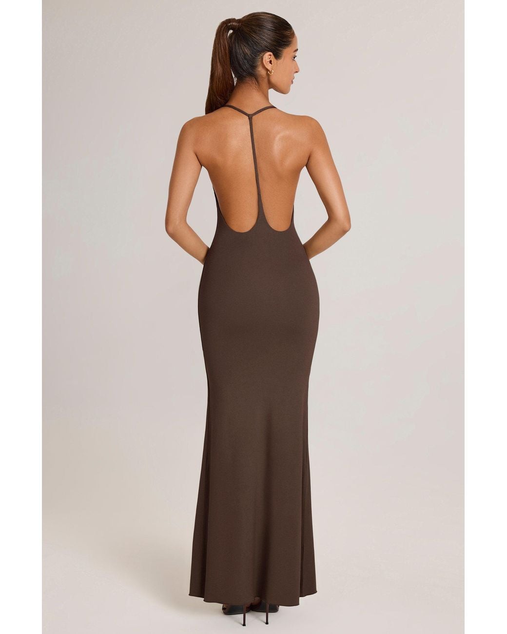 Oh Polly Brown Modal Plunge Backless Maxi Dress